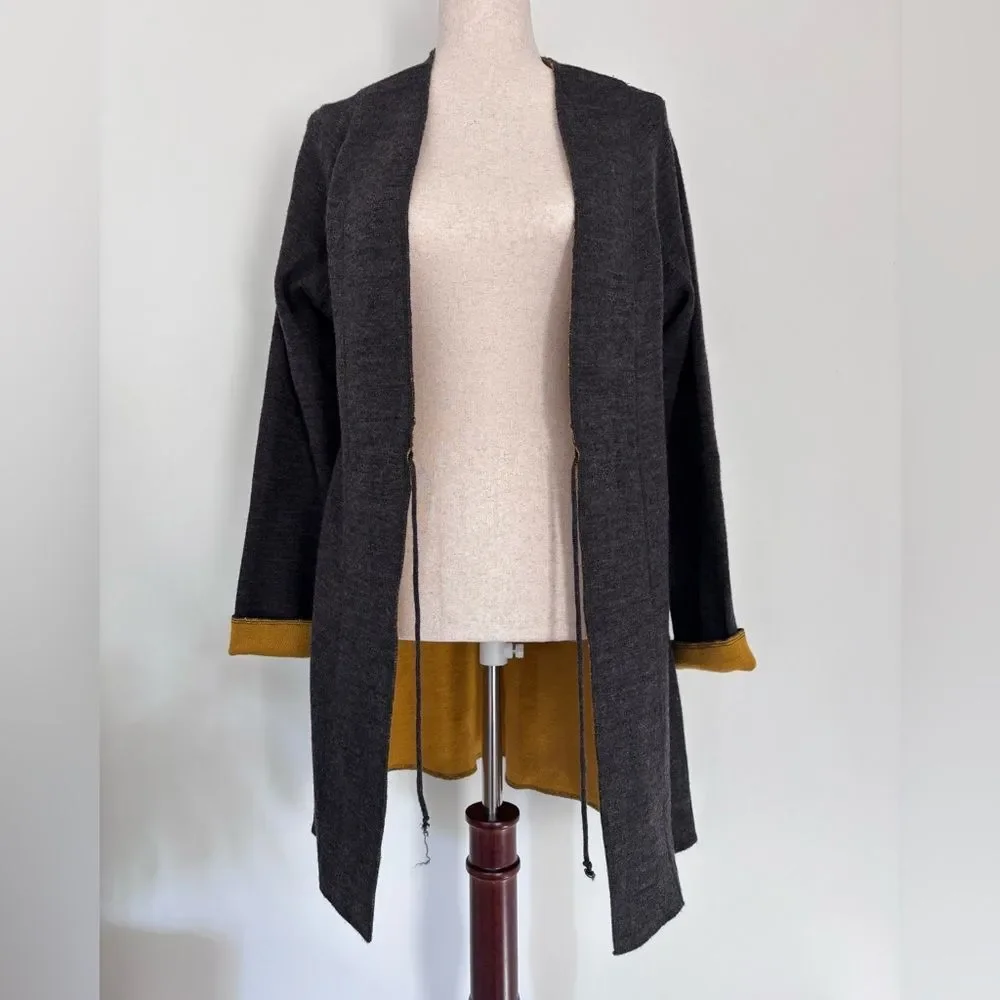 REVUE Wool Blend Long Sweater Gray and Yellow Tie Front